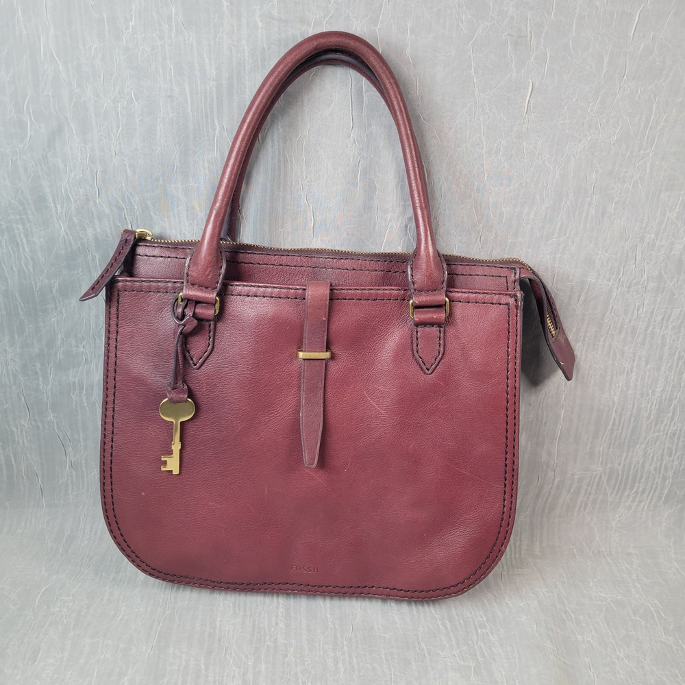 Fossil Satchel Handbag Burgundy Leather Top Handle Tote Bag Key Charm